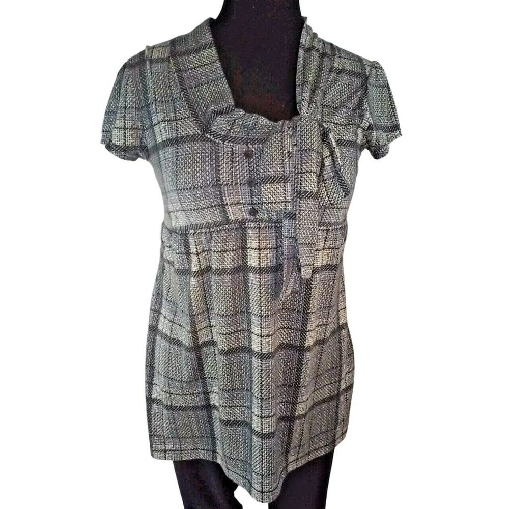 Miss Chievous Gray plaid tunic shirt Large short sleeve cotton knit career bow